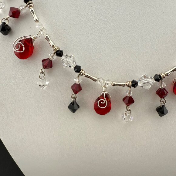 Sterling Silver Necklace With Red Black & Clear Crystal Dangle Beads Wire Wrappe - Picture 3 of 9